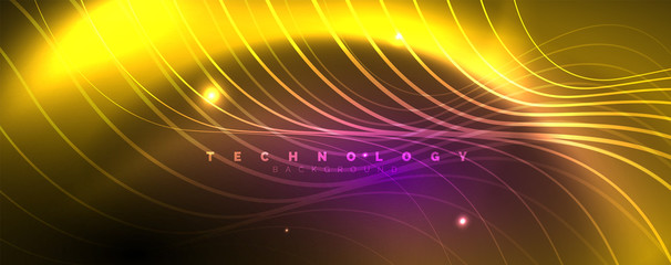 Shiny neon lights, dark abstract background with blurred magic neon light curved lines © antishock
