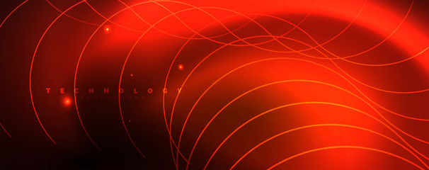 Bright neon circles and wave lines, glowing shiny background design template, digital techno concept.