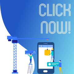 Text sign showing Click Now. Business photo text by pressing button on control device especially in computer Staff Working Together for Common Target Goal with SEO Process Icons