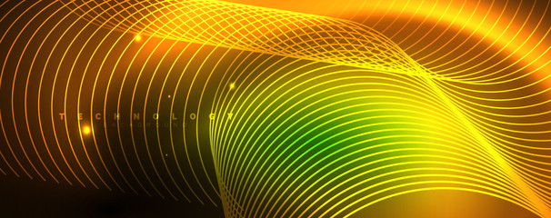 Fototapeta premium Shiny neon lines template - northern lights glowing blur lines. Futuristic style glow neon 80s disco club or night party techno template