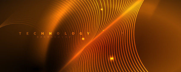 Bright neon circles and wave lines, glowing shiny background design template, digital techno concept.