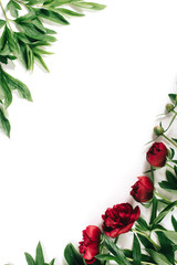 Flowers composition. Frame of red peonies flowers on white background. Summer concept. Flat lay, top view, copy space