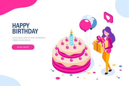 Big birthday cake isometric concept. Happy girl with a gift in hand celebrates the holiday. Can use for web banner, infographics, hero images. Isometric vector illustration.