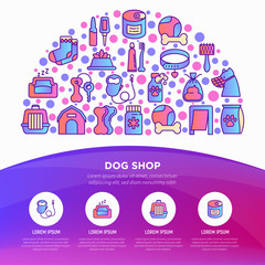 Dog shop concept in half circle with thin line icons: bags for transportation, feeders, toys, doors, dental hygiene, muzzle, snacks, hygienic bags, wet food, collar, haircare. Vector illustration.