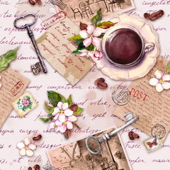 Fototapeta na wymiar Vintage old paper, coffee cup, apple flowers, hand written letters, photos, stamps, keys for scrap book. Retro design. Repeating background