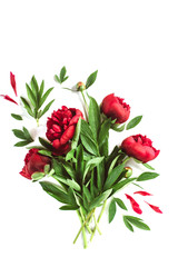 Flowers composition. Bouquet red peonies flowers on white background. Summer concept. Flat lay, top view, copy space