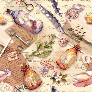 Vintage background with herbarium, exploring collection: feathers, sea shells, flowers, glass bottles. Retro design: old paper, notes. Seamless pattern. Watercolor