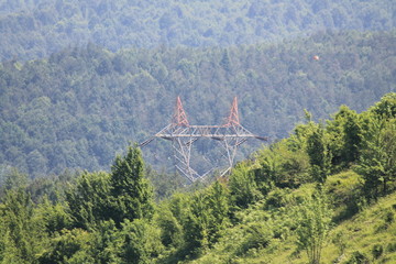 High-voltage lines in the nature landscape with forest background