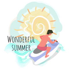 Wonderful summer vector, man on water motor flat style. Person having good summertime vacation, man on jet ski riding extreme sports and hobby, practice