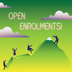 Word writing text Open Enrolments. Business photo showcasing when employees may make changes to elected fringe benefit Business People Climbing Color Mountain by Themselves Holding Invisible Rope