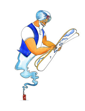 Arabian genie turban magic smoke from a bolttle vape with alpine skiing in the hands. Humorous watercolor illustration