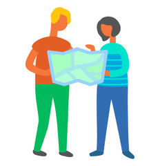 People finding their way vector, isolated couple using map printed information with cities and signs. Atlas in hands of travelers, active lifestyle