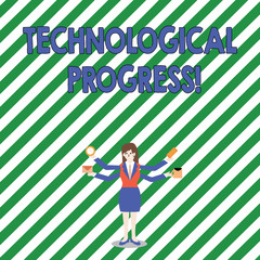 Handwriting text Technological Progress. Conceptual photo an economic measure of innovation and growth Businesswoman with Four Arms Extending Sideways Holding Workers Needed Item