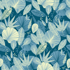 Gray and blue elegant tropical foliage seamless pattern