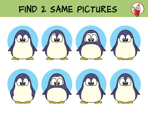 Fototapeta premium Funny little penguins. Find two same pictures. Educational game for children. Cartoon vector illustration