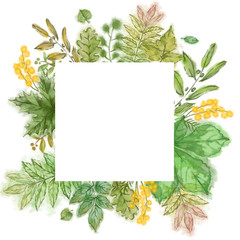 Blank White Copy space in Square Shape Decorated with Green Summer Leaves.