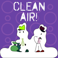Handwriting text writing Clean Air. Conceptual photo forbidding in certain areas burning any fuel that produces smoke Figure of Two Men Standing with Pouch Bag on White Sticker Style Snow Effect
