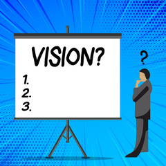 Word writing text Visionquestion. Business photo showcasing Company commitment describing future realistic state Businessman with Question Mark Above his Head Standing Beside Blank Screen