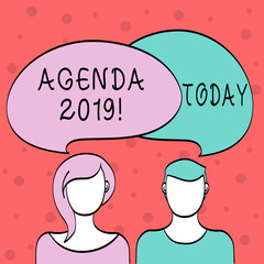 Word writing text Agenda 2019. Business photo showcasing list of items to be discussed at formal meeting or event Blank Faces of Male and Female with Colorful Blank Speech Bubble Overlaying