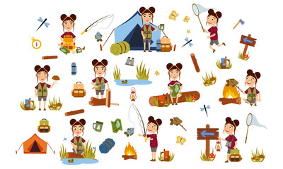 Obraz na płótnie Canvas Set a girl with a hairstyle of two large beams tourist on nature. Camping. Overnight, overnight in a tent, picking mushrooms, fun and relaxation. Children's camp. Scouts. Cute Vector Illustration