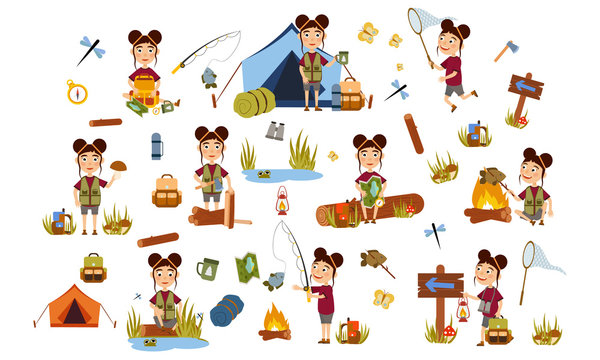 Set a girl with a hairstyle of two large beams tourist on nature. Camping. Overnight, overnight in a tent, picking mushrooms, fun and relaxation. Children's camp. Scouts. Cute Vector Illustration