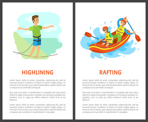 Hang lining and rafting poster, extreme sports. Man going by line and people in helmet sitting in boat, balance and water transport, rescue vector