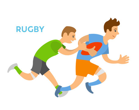 Rugby Game Vector, Aggressive Kind Of Sports Isolated Character Running Holding Ball In Hands. Person Chasing Male, Personage Wearing Uniform Flat Style