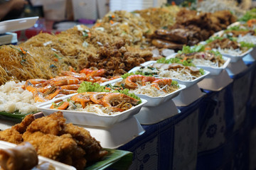 typical seafood on a thai market with Shellfish shrimps and fish