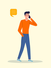 Young man talking on the phone. Vector flat style  illustration
