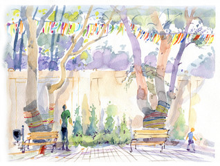 Summer city park, watercolor sketch