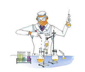 Crazy chemist. Man in overalls conducts chemical experiments. Test tubes and flasks on a tripod. Sublimation and distillation of liquids. Watercolor humorous illustration.
