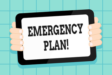 Conceptual hand writing showing Emergency Plan. Concept meaning course of action developed to mitigate damage of events Color Tablet Smartphone with Screen Handheld Back of Gadget