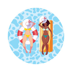 interracial girls with swimsuit and lifeguard float in water