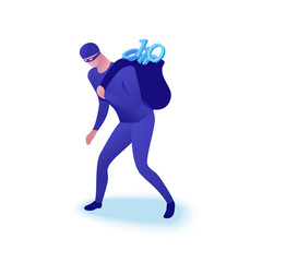 Data theft concept, man stealing information as zeroes and ones in sack, 3d isometric vector illustration, cyber crime, hacking, computer security