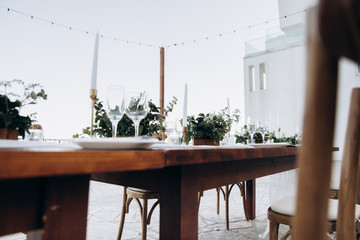 Eco-friendly, wedding decor. Wooden table newlyweds for a party.