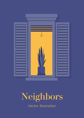 A window with a plant. Warm summer evening. Neighborhood. Italian style. European architecture. Postcard. Vector flat illustration