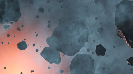 Many Asteroid rocks inside a light blue fog with a red glow