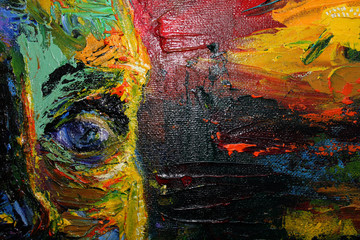 Abstract bright oil backround. Part of the female face and smears of oil paint.