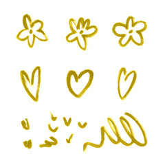 Gold isolated decorative elements: hand painted flowers and hearts of golden patina and glitter texture
