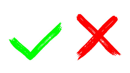 Two dirty grunge hand drawn with brush strokes cross x and tick OK check marks vector illustration isolated on white background. Check mark symbol NO and YES buttons for vote in check box, web, etc. 