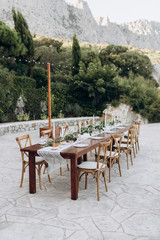Eco-friendly, wedding decor. Wooden table newlyweds for a party.