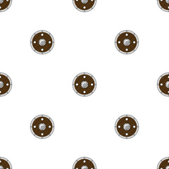 Obraz premium Seamless pattern with circle shields on white background. Knight equipment. Adventure items. Cartoon style. Vector illustration for design, web, wrapping paper, fabric, wallpaper.