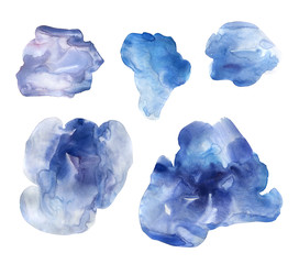 Set of blue hand drawn watercolor stains. Collection blue gloomy clouds of the after the rain. Delicate elegant ink texture. Can be used in interior posters or food packaging design