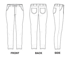 Isolated Trouser Pants Jeans object of clothes and fashion stylish wear fill in blank shirt. Regular Leg Casual Pockets Denim Sports Illustration Vector Template. Front, back and side view