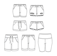  Isolated shorts hot pants trousers legging bottoms shorts fashion stylish fill in the black outline set collection vector illustration. 