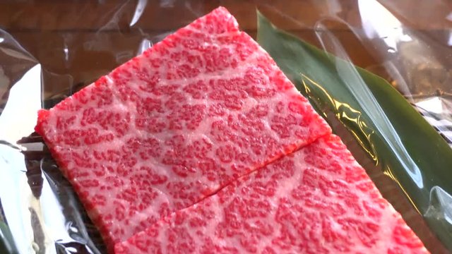 Close up view of a wagyu beef skewer for sale at a shop in the Tsukiji Fish Market in Tokyo Japan.