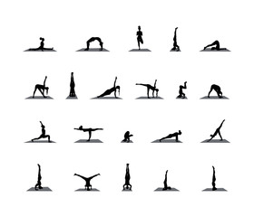 yoga poses silhouettes set. Vector black and white isolated illustration.
