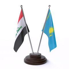 Iraq and Kazakhstan, two table flags isolated on white background. 3d image