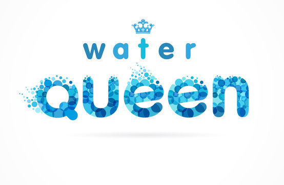 Mineral natural queen water vector logo. Aqua drop letters with blue bubbles and crown for brand design clean service or fresh drink labels