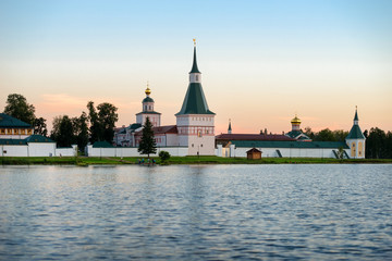 Fototapeta premium Valdai Iversky Svyatoozersky Virgin Monastery for Men. Selvitsky Island, Valdai Lake. Late summer evening